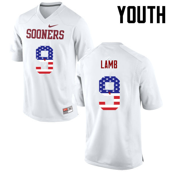 Youth Oklahoma Sooners #9 CeeDee Lamb College Football USA Flag Fashion Jerseys-White - Click Image to Close